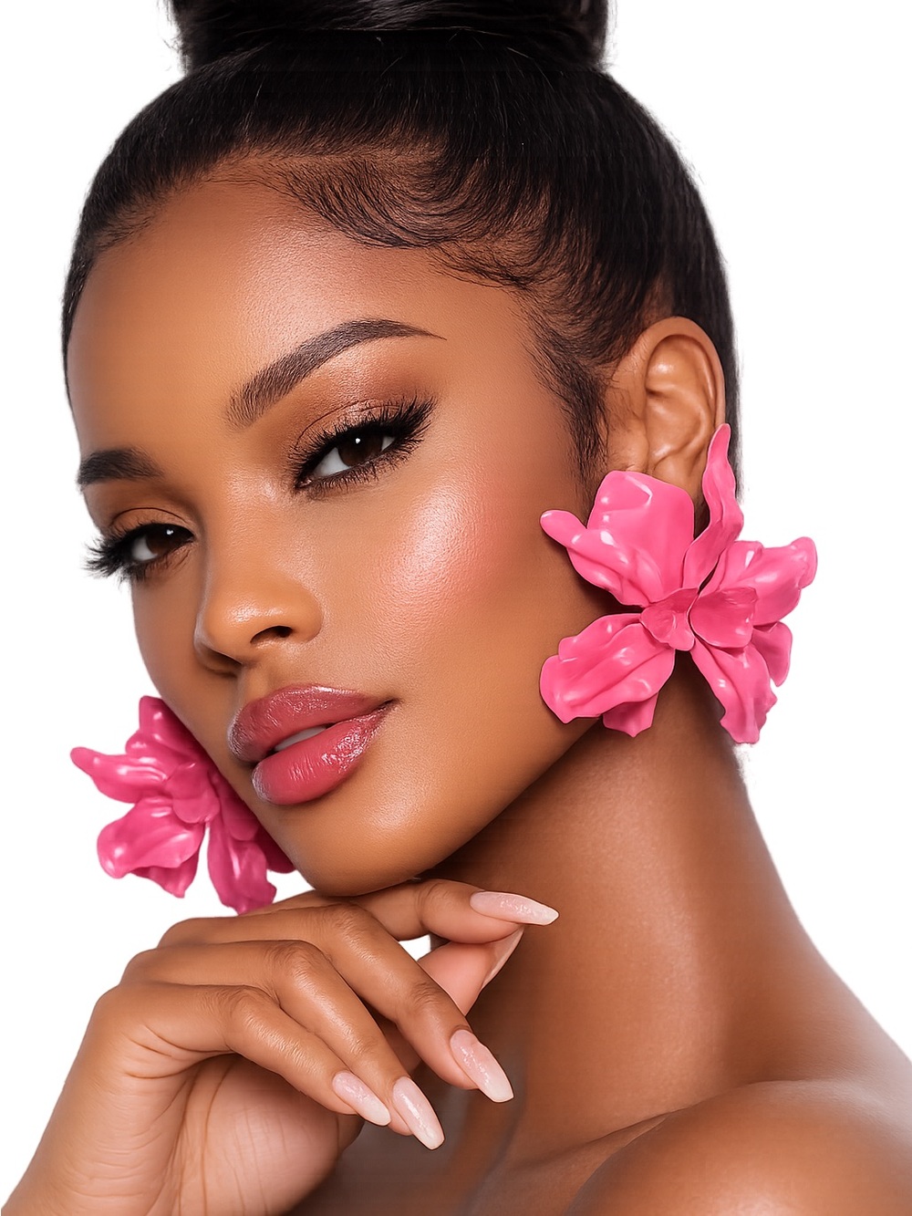 Statement Floral Drop Earrings in Bright Pink